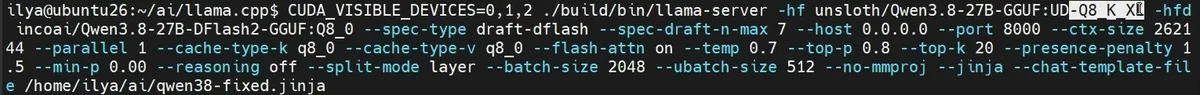 Команда запуска llama-server с моделью Qwen3.8-27B и черновой моделью DFlash2 на трёх видеокартах